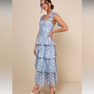 Lulus Gorgeous Excellence Light Blue Floral Burnout Tiered Midi Dress - Size XS